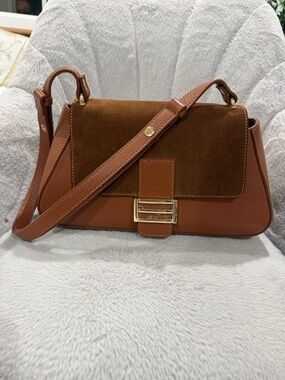 NEW Lilium Firenze Brown Suede & Leather Shoulder Bag with Gold Accent